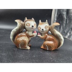 Vintage Squirrel Ceramic Salt  Pepper Shakers Rhinestone Eyes  Kitsch Japan